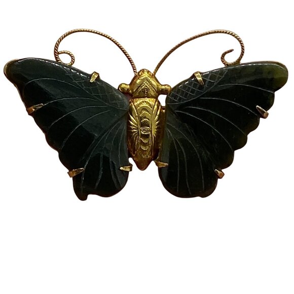 Vintage Gilded Goldtone Butterfly Brooch Pin with Carved Jade Green Wings Large - Picture 12 of 12